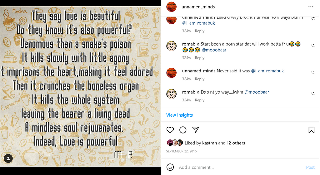 Image of a poem about love, with the instagram comment beside