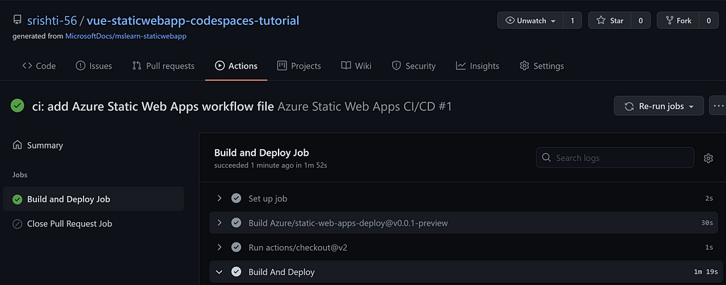 Screenshot of Github Actions tab with the successful workflow run for Static Web App deployment.