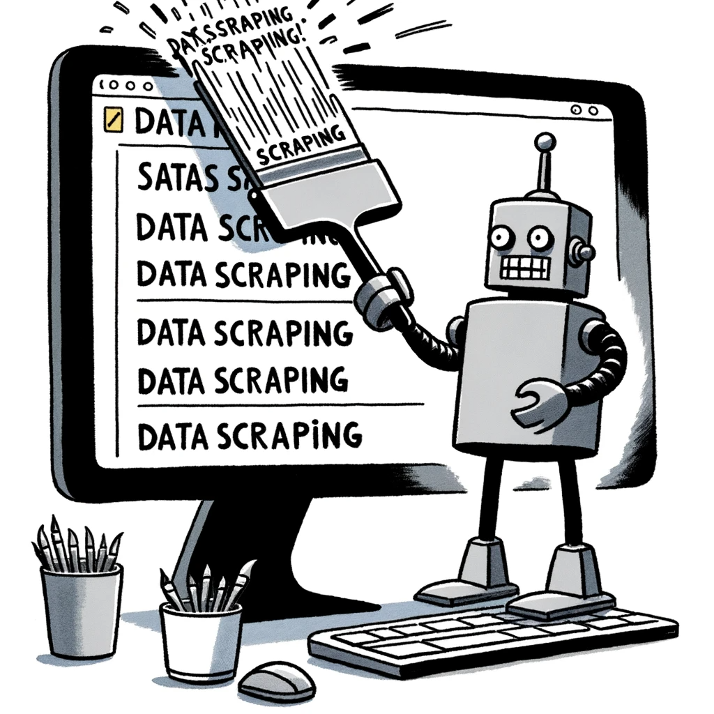 A New Yorker-style cartoon featuring a robot using a paint scraper to humorously scrape words off of computer screens, symbolizing ‘data scraping’. The cartoon creatively and whimsically interprets this modern concept, maintaining the essence of a classic New Yorker cartoon.