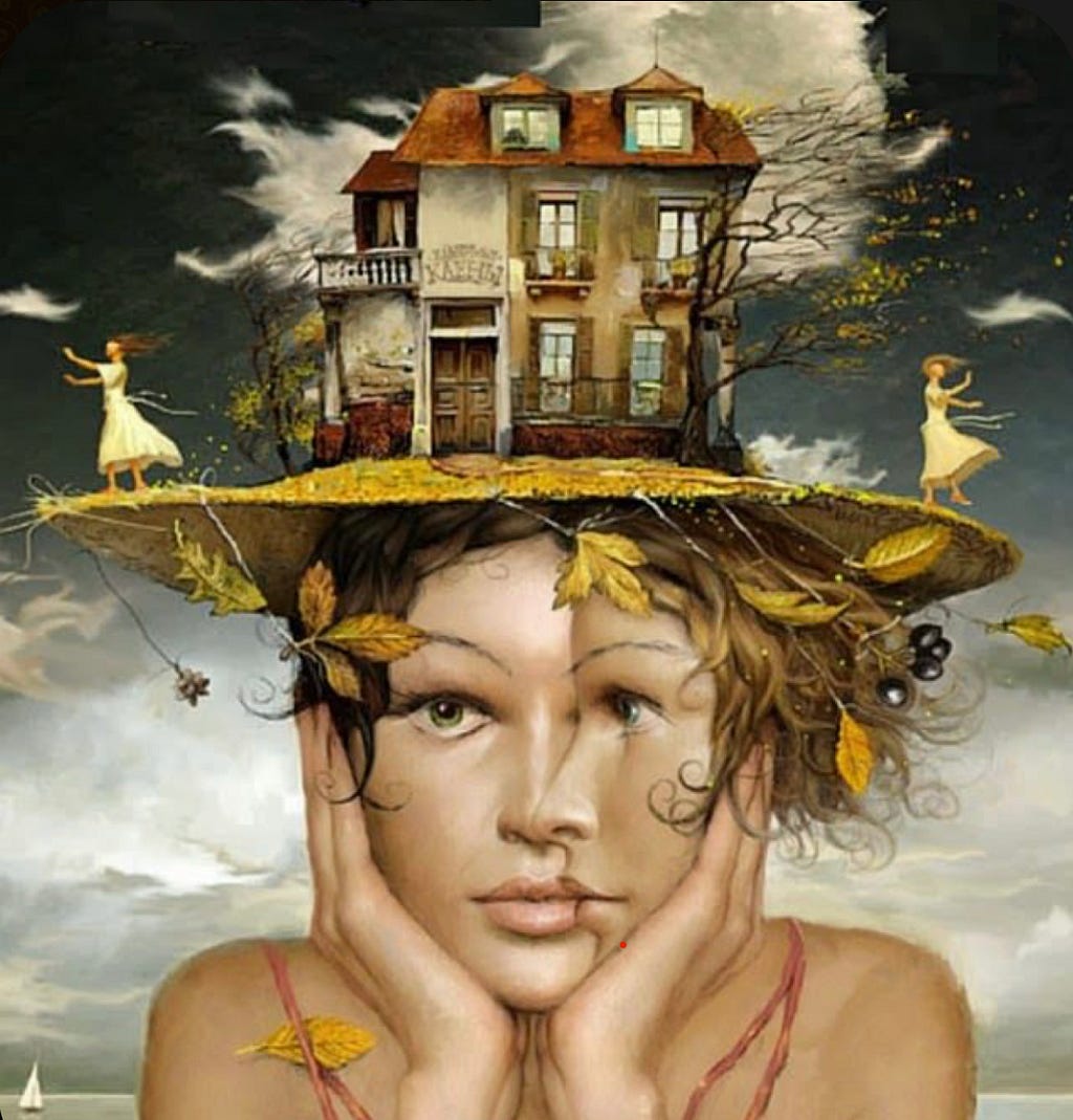 Andrew Ferez artwork Women with House atop her head & turbulent weather