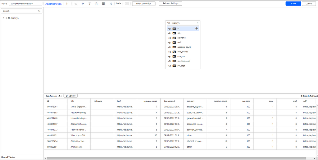 Query Designer Window for dragging and dropping the table you have created.