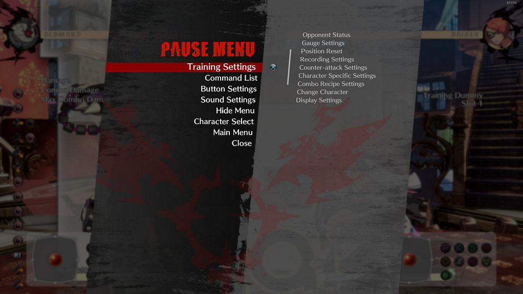 The pause menu for Strive’s training mode. It has the follow options listed from top to bottom and left to right: “training settings, command list, button settings, sound settings, hide menu, character select, main menu, close, opponent status, gauge settings, position reset, recording settings, counter-attack settings, character specific settings, combo recipe settings, change character, and display settings.