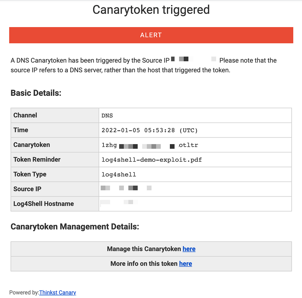 Email body of the Canary Token alert email, showing details of how the token was triggered, including the channel (“DNS”), a time stamp, the token that was triggered as well as a token reminder string (“log4shell-demo-exploit.pdf”). A source IP address and a log4shell hostname are included as well.