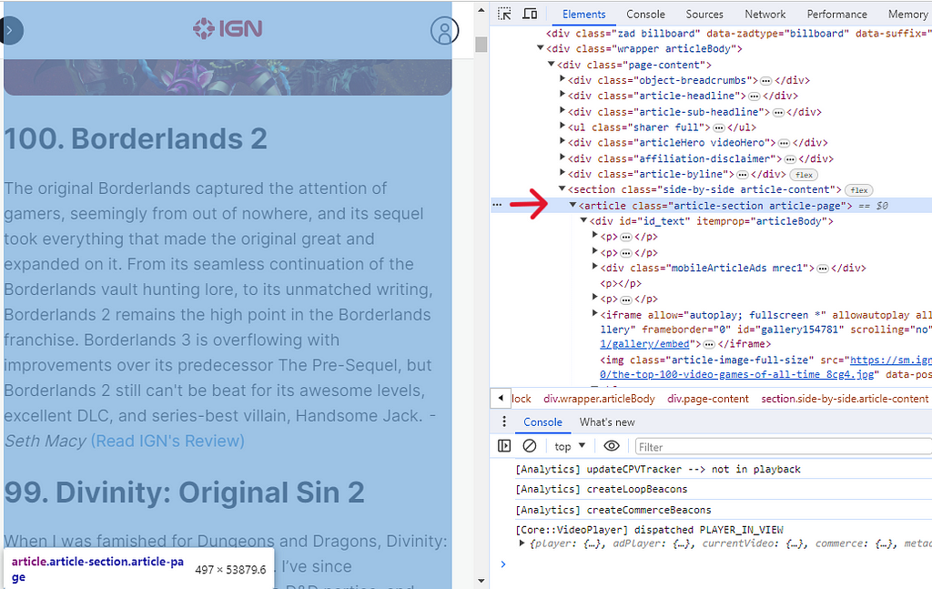 Web Scraping IGN Article : Article Section with Class name “article-section”