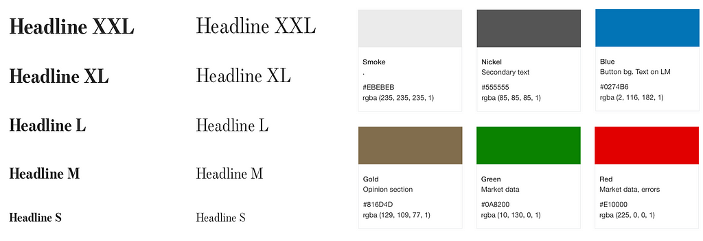 Font sizes and color that are part of the Design System