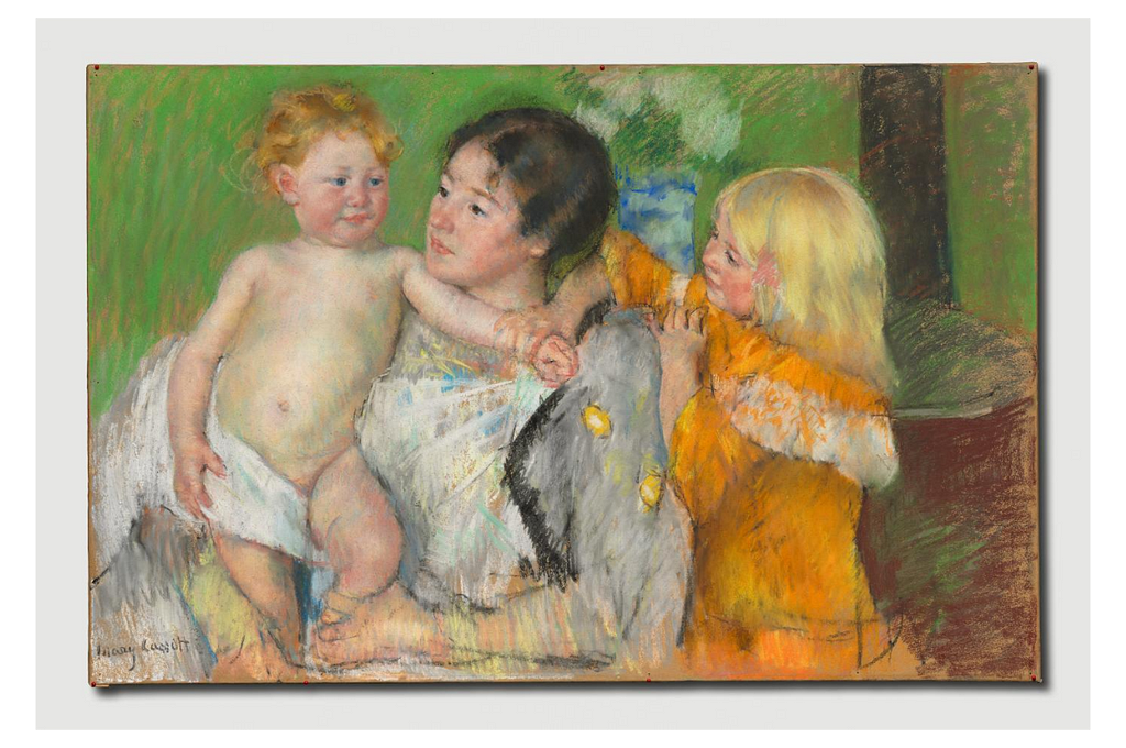This drawing depicts a mother and two small children — a toddler on her left wrapped in a bath towel and an older sister on the right dressed in an orange dress, holding the hand of the younger sibling.