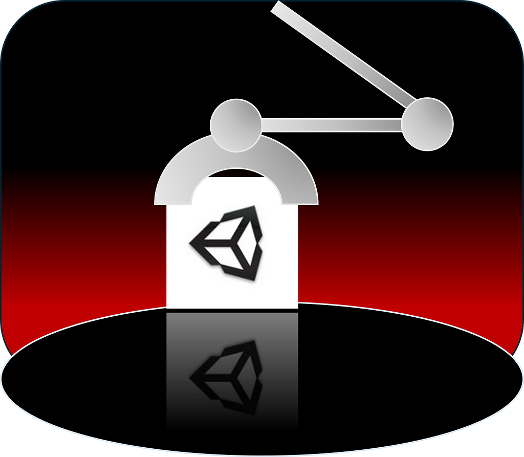 A crane descends into a space to pick up the unity icon. The icon rests on a reflective black surface