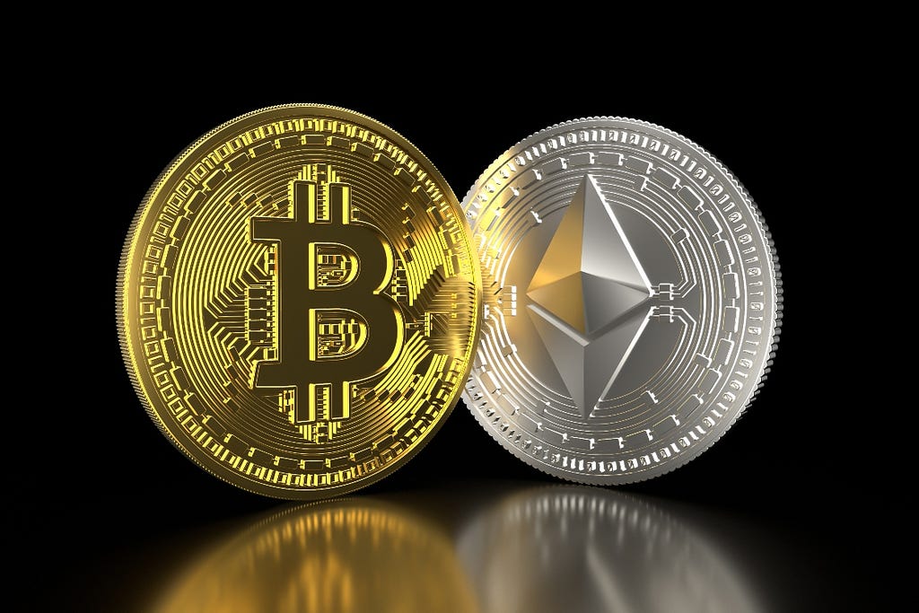There are two coins in the picture and one is Bitcoin and other is Ethereum