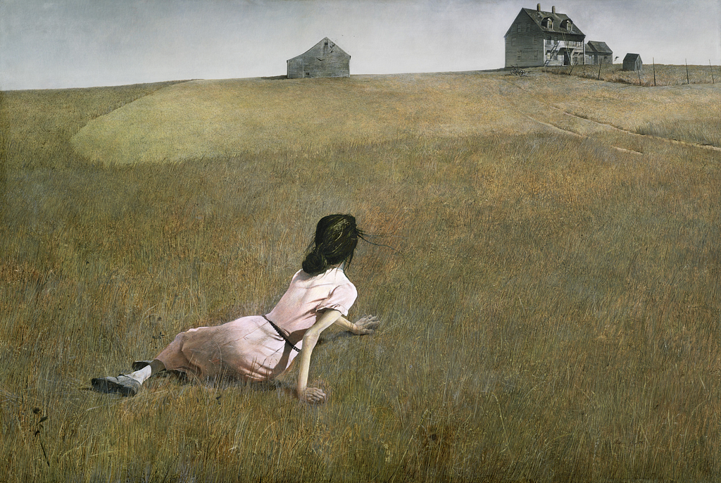 Famous painting by Andrew Wyeth of a girl in a pink dress laying down in the middle of a brown grass field looking longingly toward a grey wooden house in the distance.