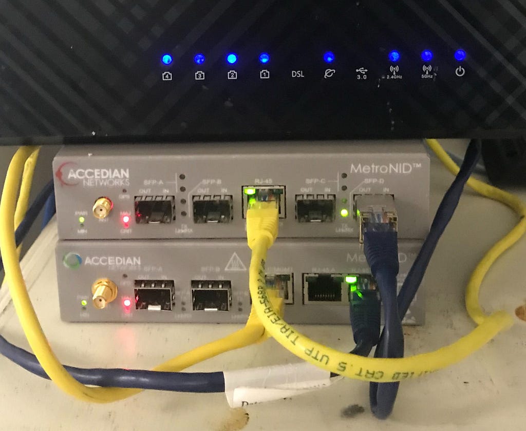 a picture of two Accedian Metro NID TE devices connected back to back for a test scenrio