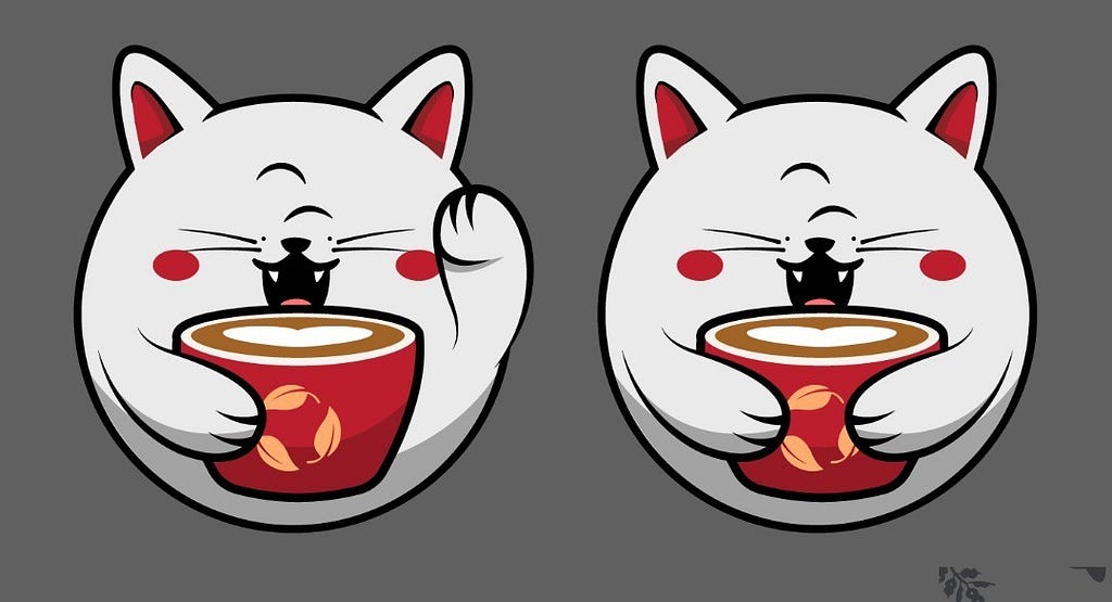 A “lucky cat” variation with his paw up and another holding onto his Oatly latte with more care