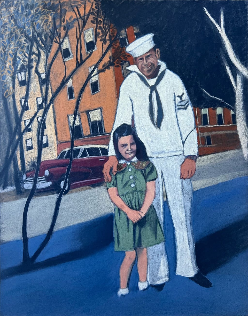 A pastel painting of the author’s mom and grandfather, painted by the author, Sydney Longfellow