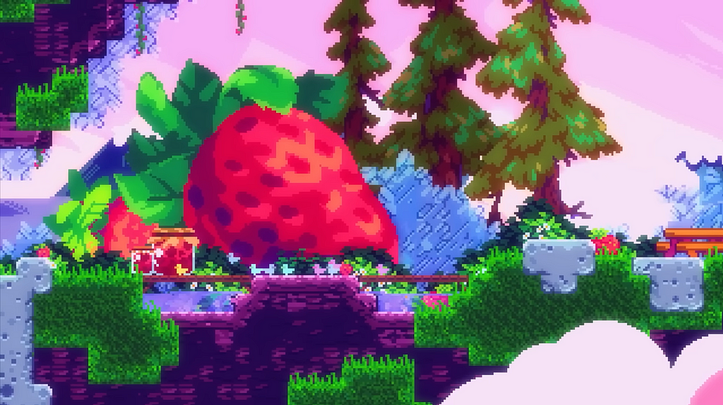 The Strawberry Jam Collab’s prologue scene. A larger than life strawberry lies on the ground of a vibrant natural landscape, with jars of strawberry jam placed around the area.