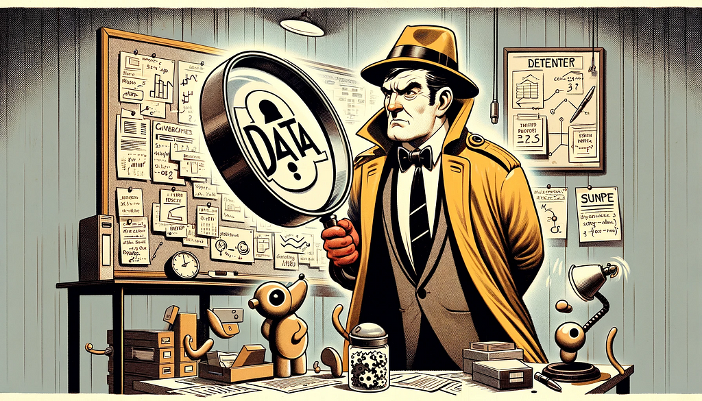 An editorial style illustration of a classic Detective (sherlock holmes) holding a large magnifying glass looking at DATA