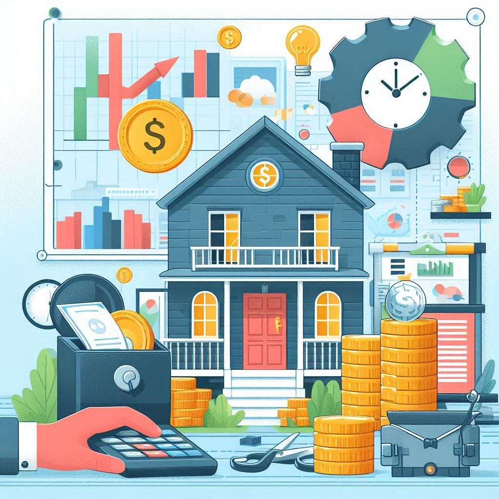 A colorful illustration depicting various elements of finance and real estate. In the center is a blue house with a dollar sign, surrounded by stacks of coins, a calculator, graphs, charts, and financial symbols. The background includes a clock integrated into a gear, a lightbulb representing ideas, and various data visualizations. The image conveys concepts of home ownership, financial planning, investment, and time management in a vibrant, cartoon-like style.