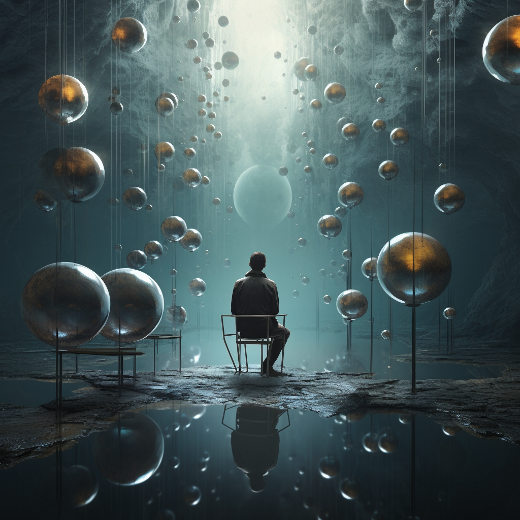 a man sitting in a chair watching shiny spheres, in the style of surrealistic dreamlike scenes, concept art, atmospheric installations, serenity and calm, futuristic settings, ambient sculptures, dreamy atmospheres