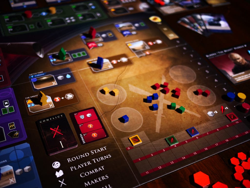 A close up of the Dune Imperium board, showing several different colored workers placed on the board and cubes placed in the combat area.
