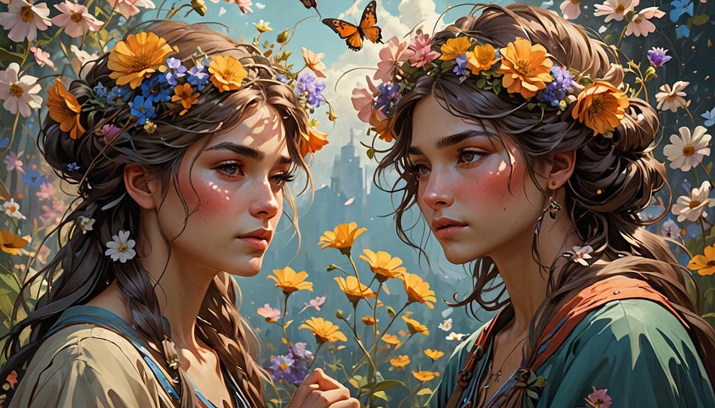 two women friends amongst flowers and butterflies