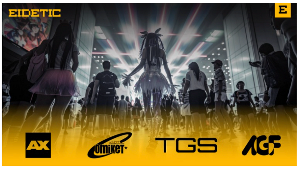 Big 4 Game Convention Show logos (AX, Comiket, TGS, AGF) background img is people in a convention entry