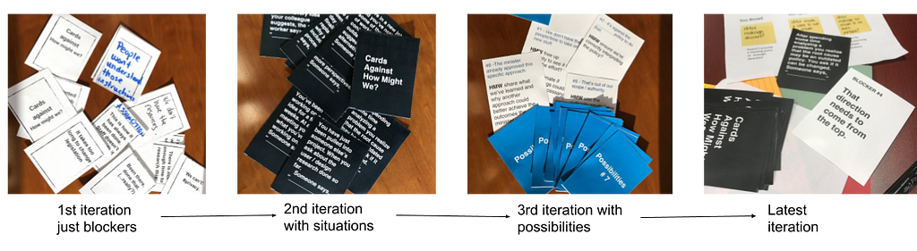 A sequence of 4 photo’s showing the versions of the cards as the iterations progressed over time