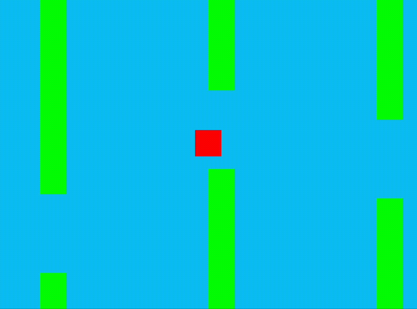 Gif: A red square controlled by the agent moves between green rectangles as it plays a game inspired by Flappy Bird.