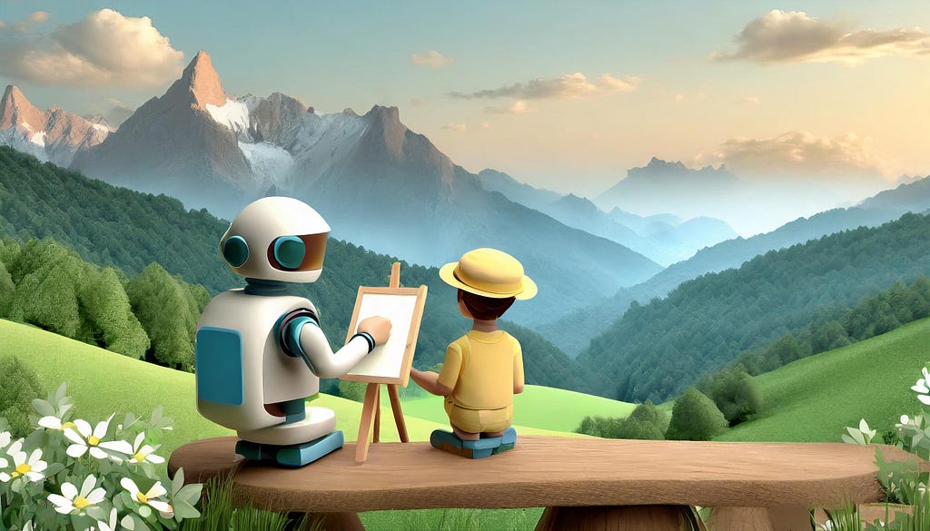 AI generated image of a robot and human child painting a mountain landscape together