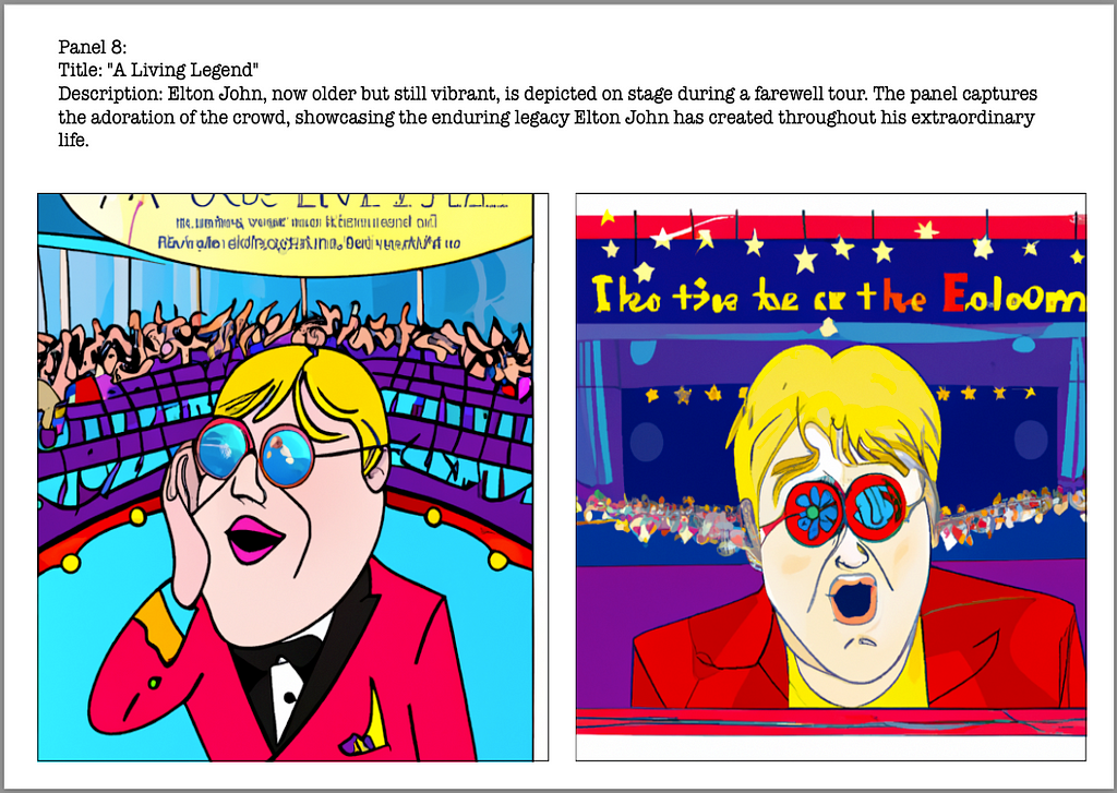 A page from the biomic for Elton John. Both the illustrations are in bright contrasting colours, reflecting the singer’s flamboyant style.