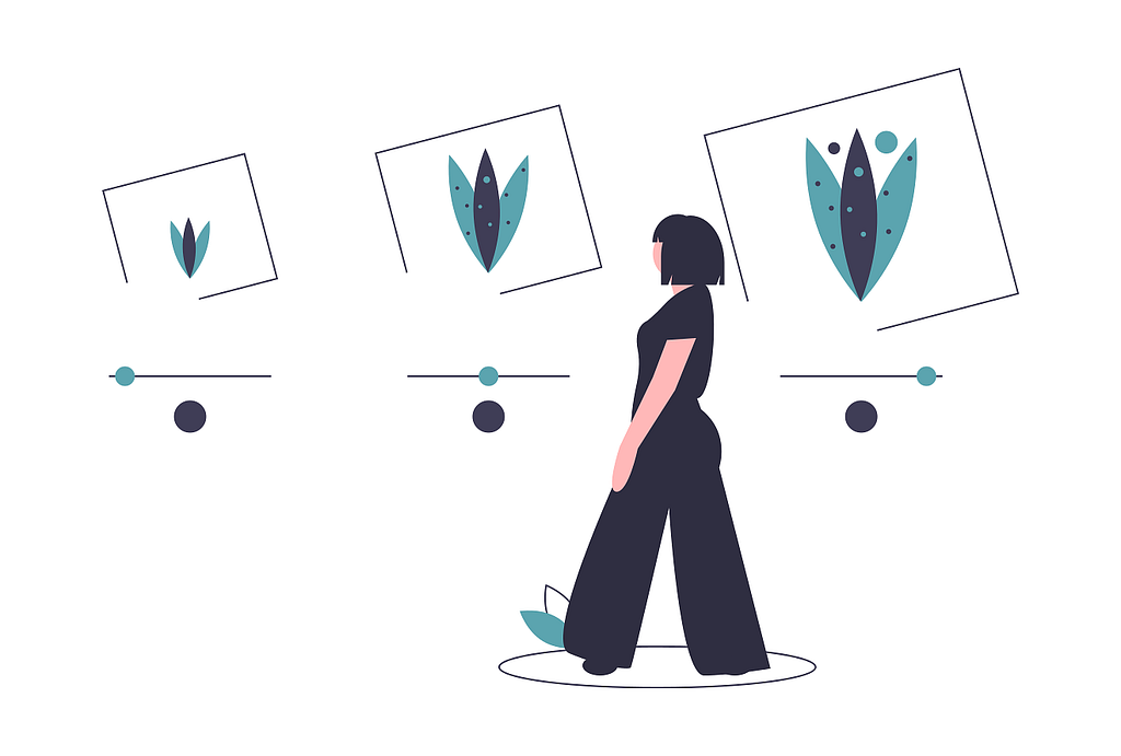 Illustration of a woman walking by three matching shapes which get larger and more complex from right to left.
