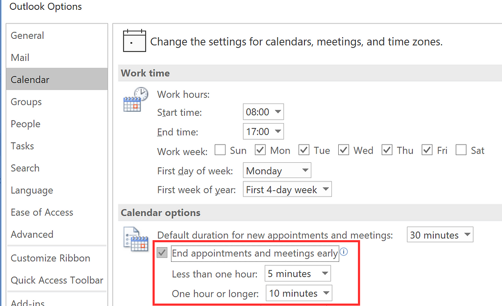 Go to Outlook Options, Calendar, under Calendar Options you can change the “End appointments and meetings early” setting