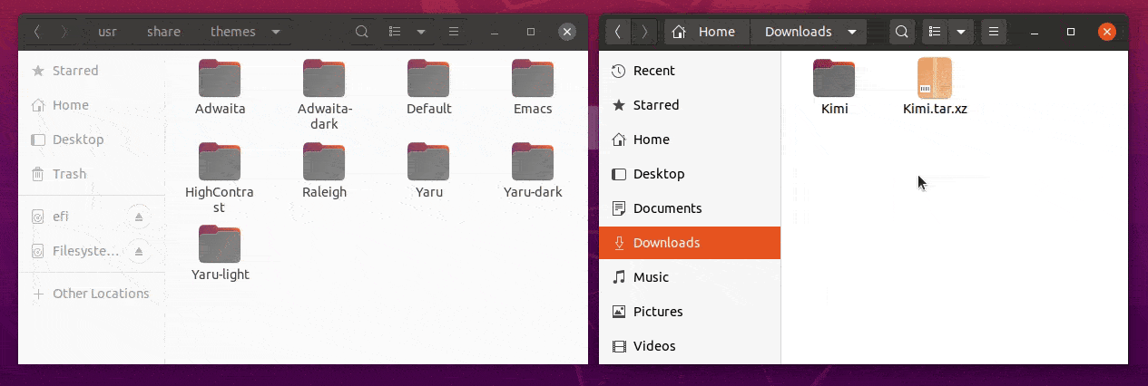 Drag and drop the theme to the themes folder — How to change themes in Ubuntu.
