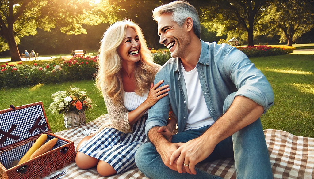 A middle-aged couple enjoying a picnic in a park, laughing and talking with each other, capturing a moment of joy and connection.