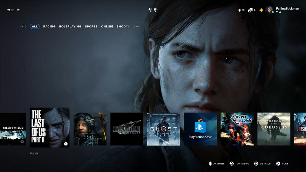 screenshot of PS5 interface showing The Last of Us highlighted as a splash wallpaper