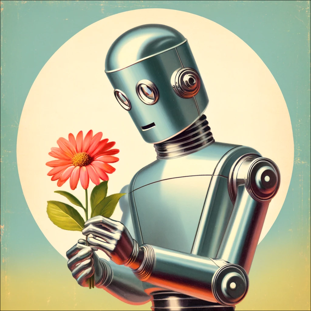 A robot (AI) holding a flower