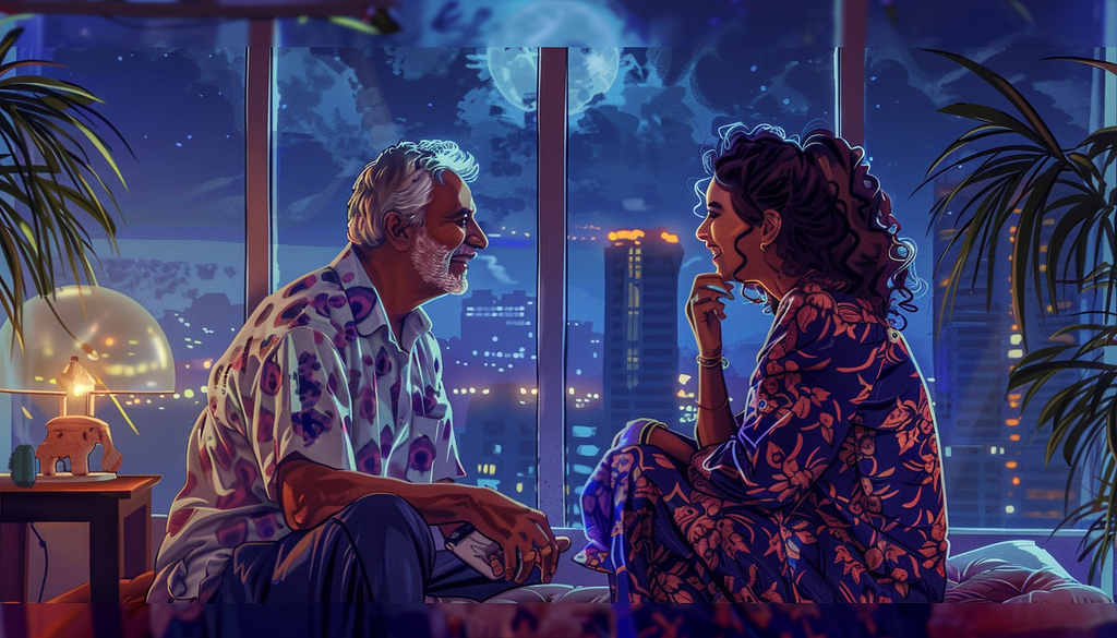 an illustration in caricature style of a nightime scene where a father and daughter dressed in printed pyjamas, are having a candid conversation, with moonlight and mumbai city in backdrop