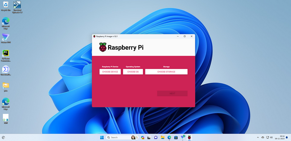 Raspberry Pi Imager running on Windows 11