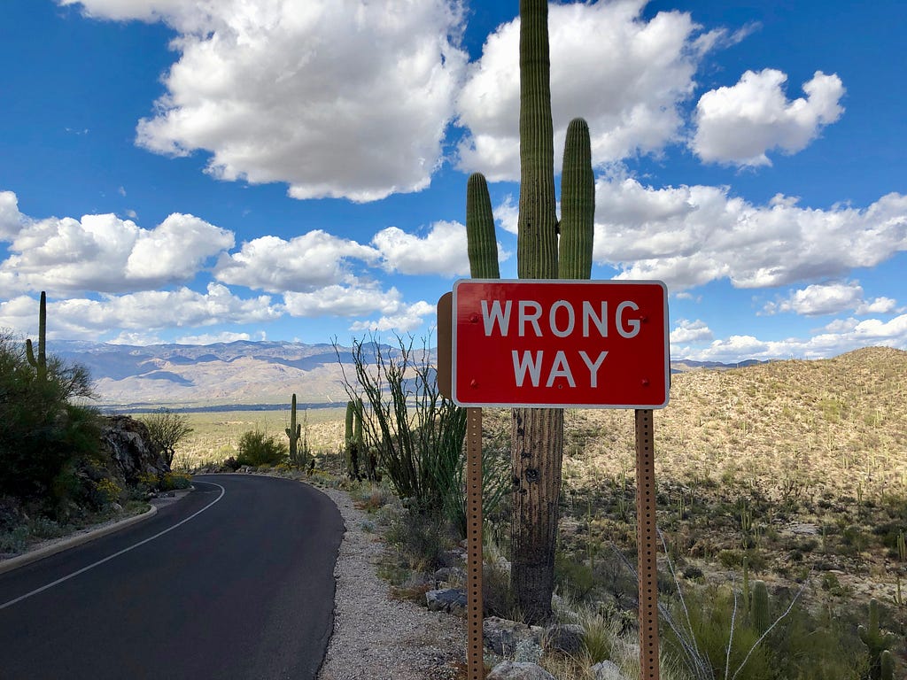 A photograph of a “wrong way” sign on Cactus Forest Drive in Saguaro National Park, US