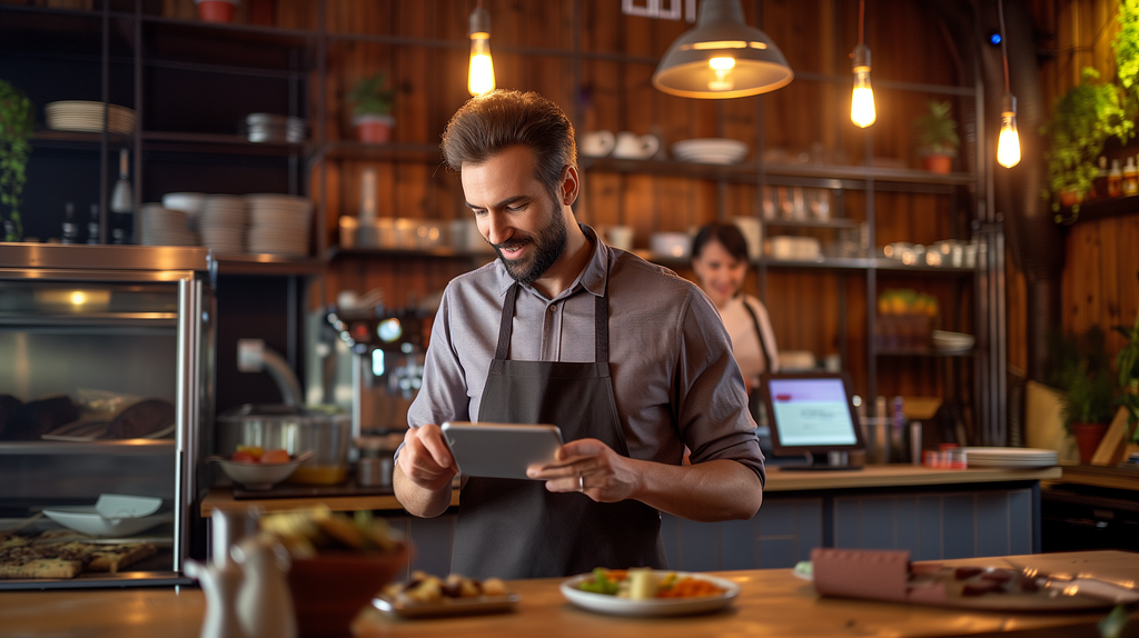 A chef attentively uses a tablet in a cafe kitchen, showcasing the blend of culinary art and digital management for restaurant success, as outlined in the article on leveraging Yelp.