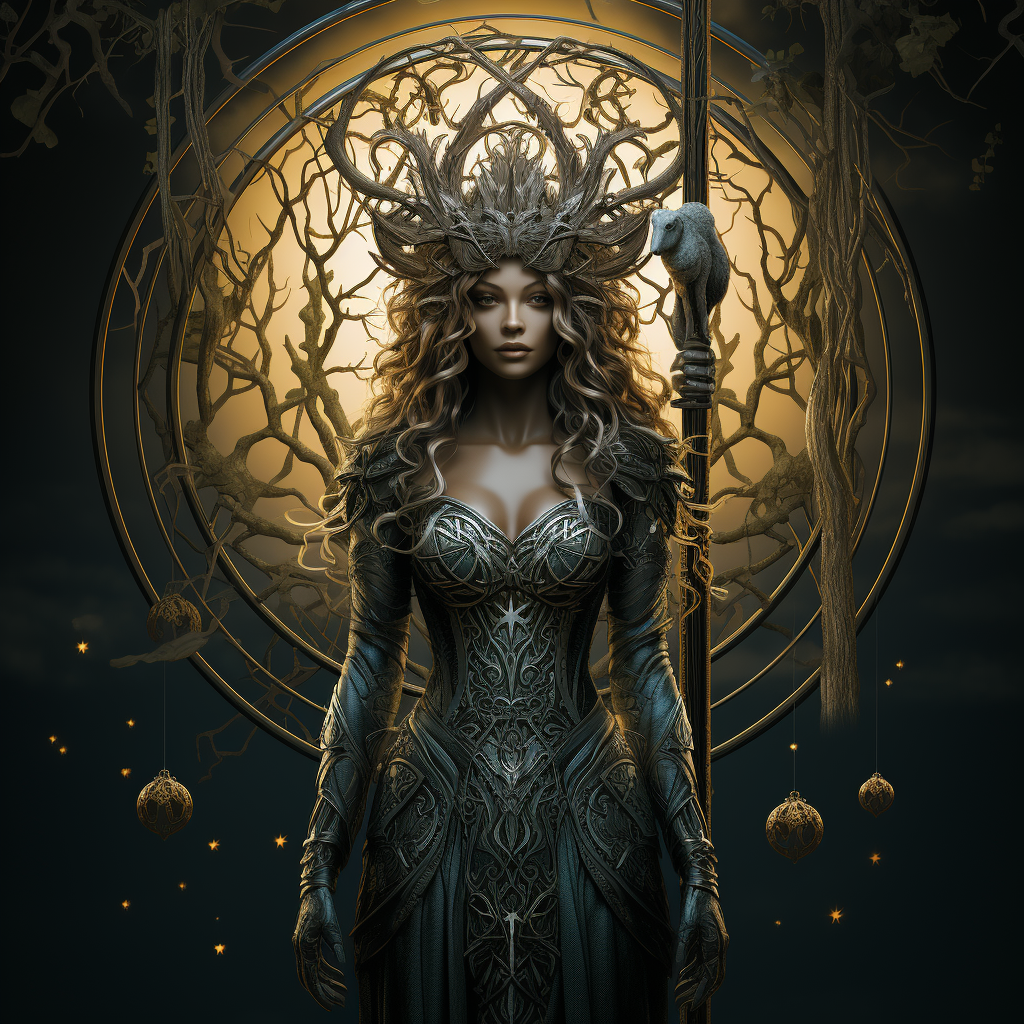 a magical woman standing in front of a full moon, in the style of realistic and hyper-detailed renderings, dark silver and light gold, elaborate costumes, intertwined networks, intricate illustrations, twisted branches