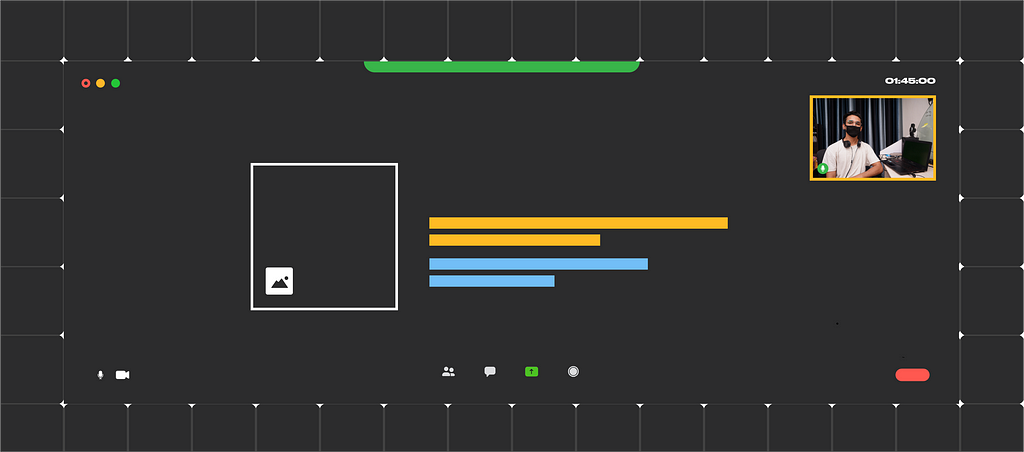 A Black Graphical Background imitating a video conferencing tool using the screen share option while on video call.