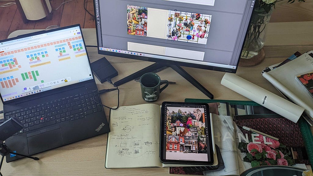 Desktop showing a laptop, monitor, iPad, notebook, magazine, and coffee mug.