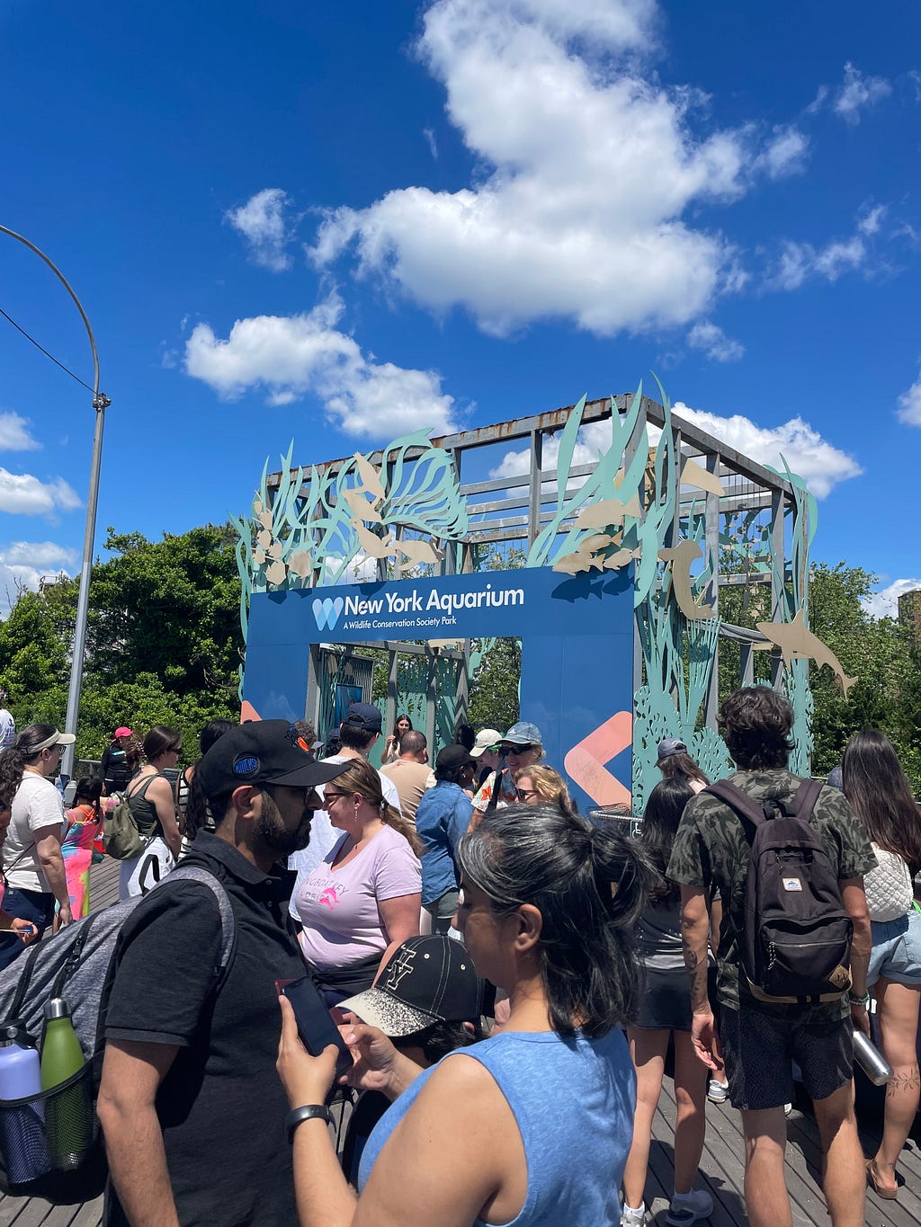 Tens of volunteers, young and old, wait at the Coney Island Boardwalk entrance to the New York Aquarium