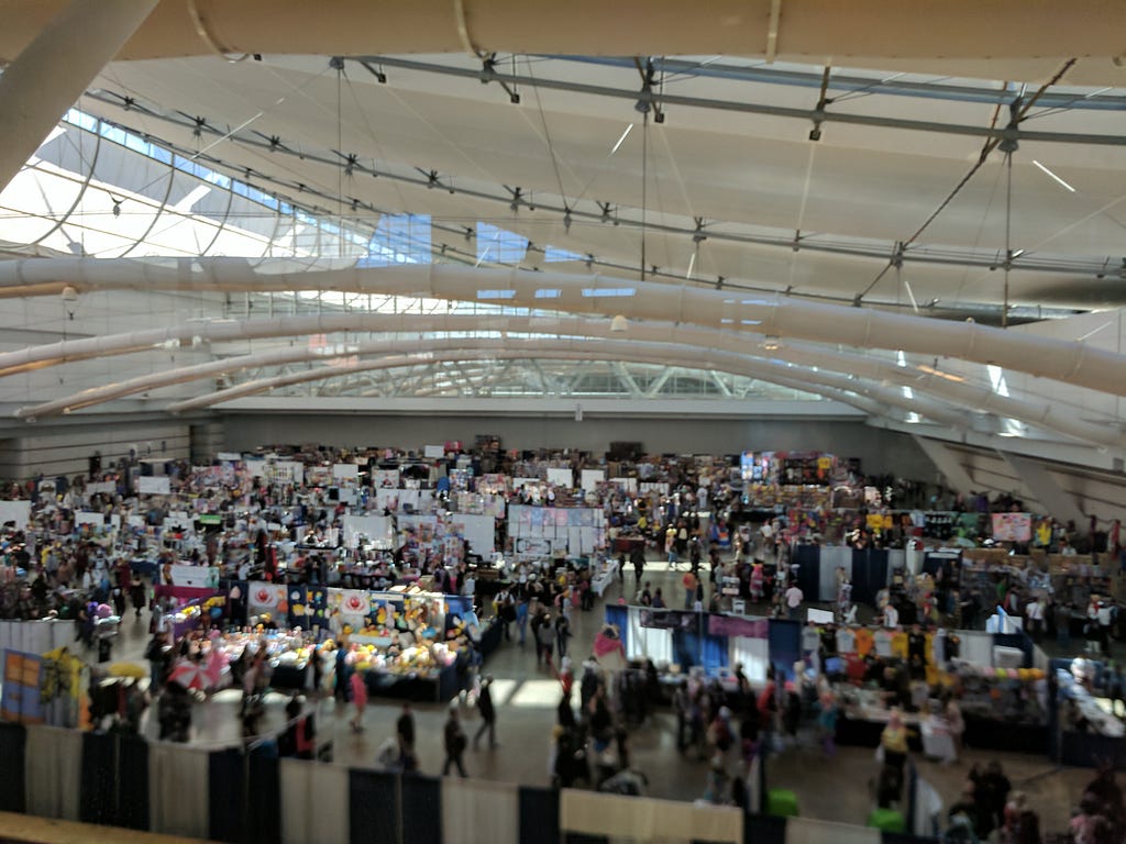Looking out over a crowded exhibitor hall