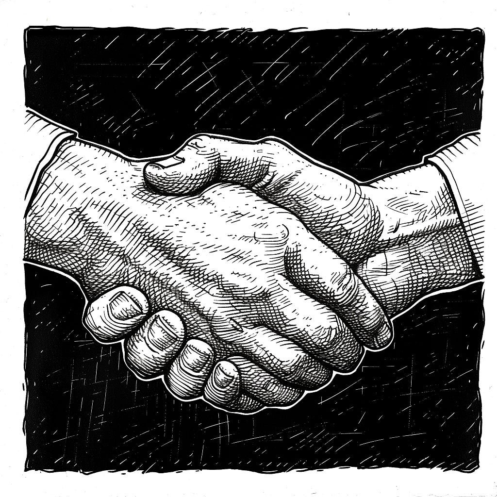An illustration of a handshake as a metaphor of the acquisition deal between VMware and Broadcom