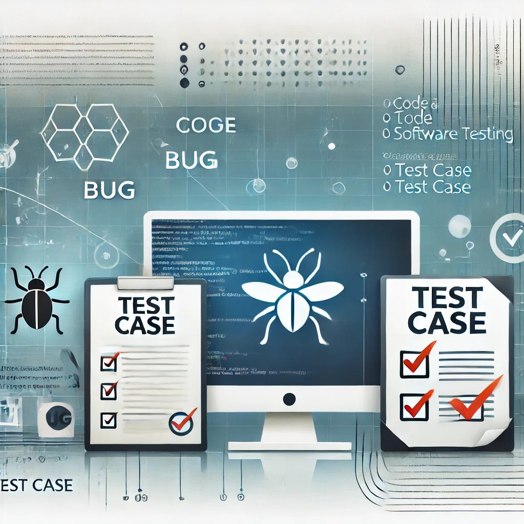 A banner image illustrating the concept of software testing. The image features a computer screen with lines of code and bug icons on the left side, while on the right side, there are checkmarks and documents labeled “Test Case,” symbolizing the process of finding and fixing bugs. The background has a clean, modern tech vibe with subtle grid patterns and abstract shapes representing data flow. The colors include shades of blue and white, giving the image a professional and technical appearance