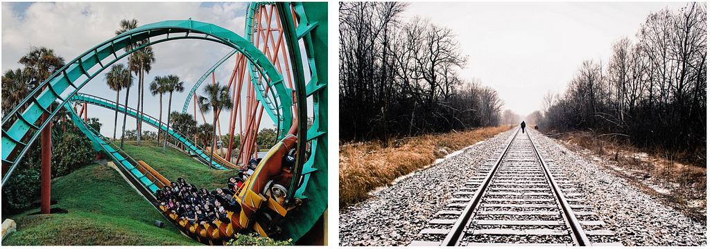 Curvy rollercoaster and straight railroad tracks