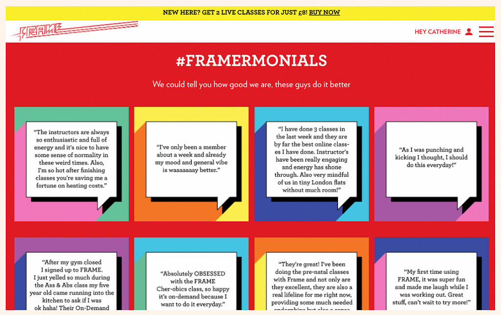 An image of the testimonials page from Frame’s website.