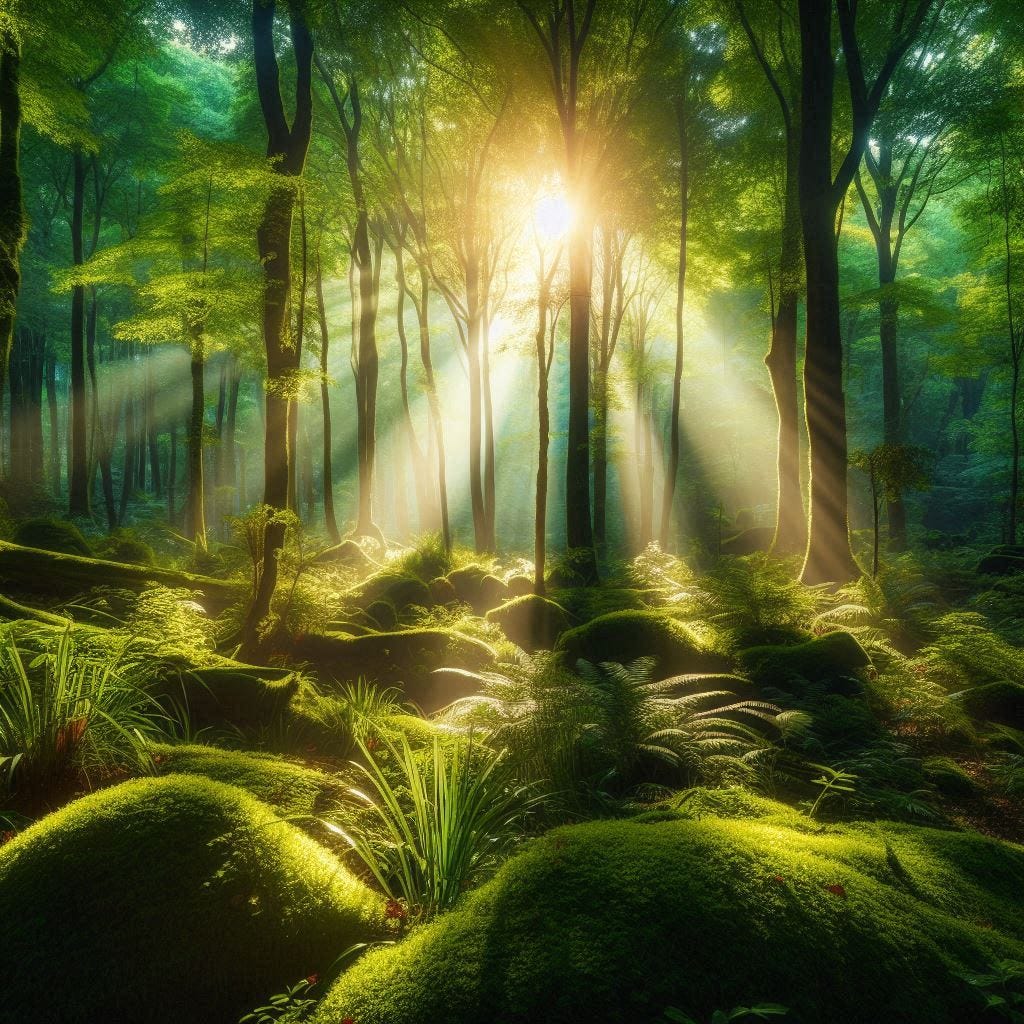 Sunlight filtering through a lush green forest, exemplifying the beauty of God’s creation.