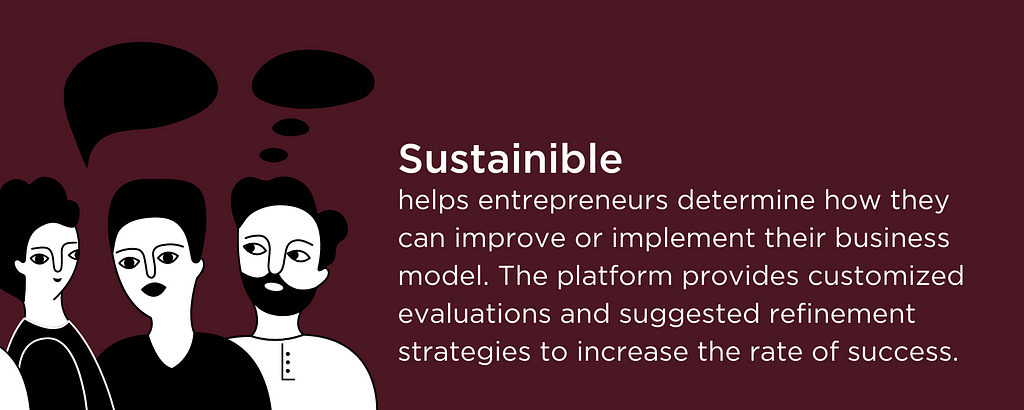 Sustainible helps entrepreneurs determine how they can improve or implement their business model. The platform provides customized evaluations and suggested refinement strategies to increase the rate of success.
