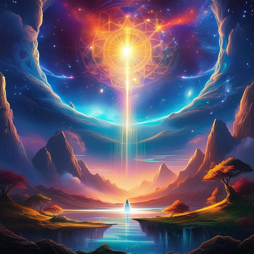 mystical landscape beam of light from a light portal from above AI art