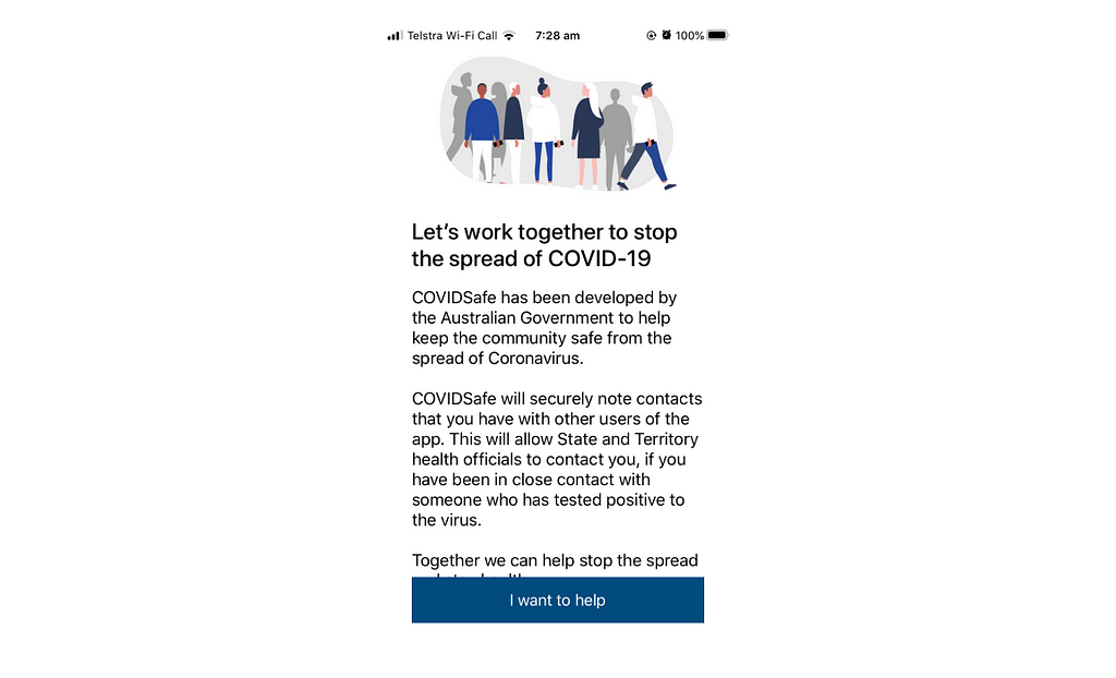 Covidsafe screenshot showing “I want to help” button